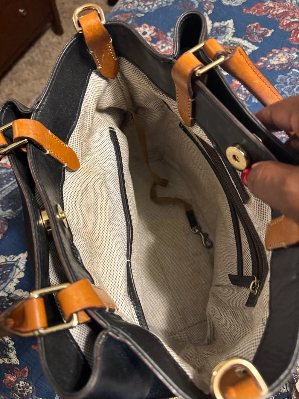 Dooney & Bourke Black and Tan Leather Top-Handle Satchel